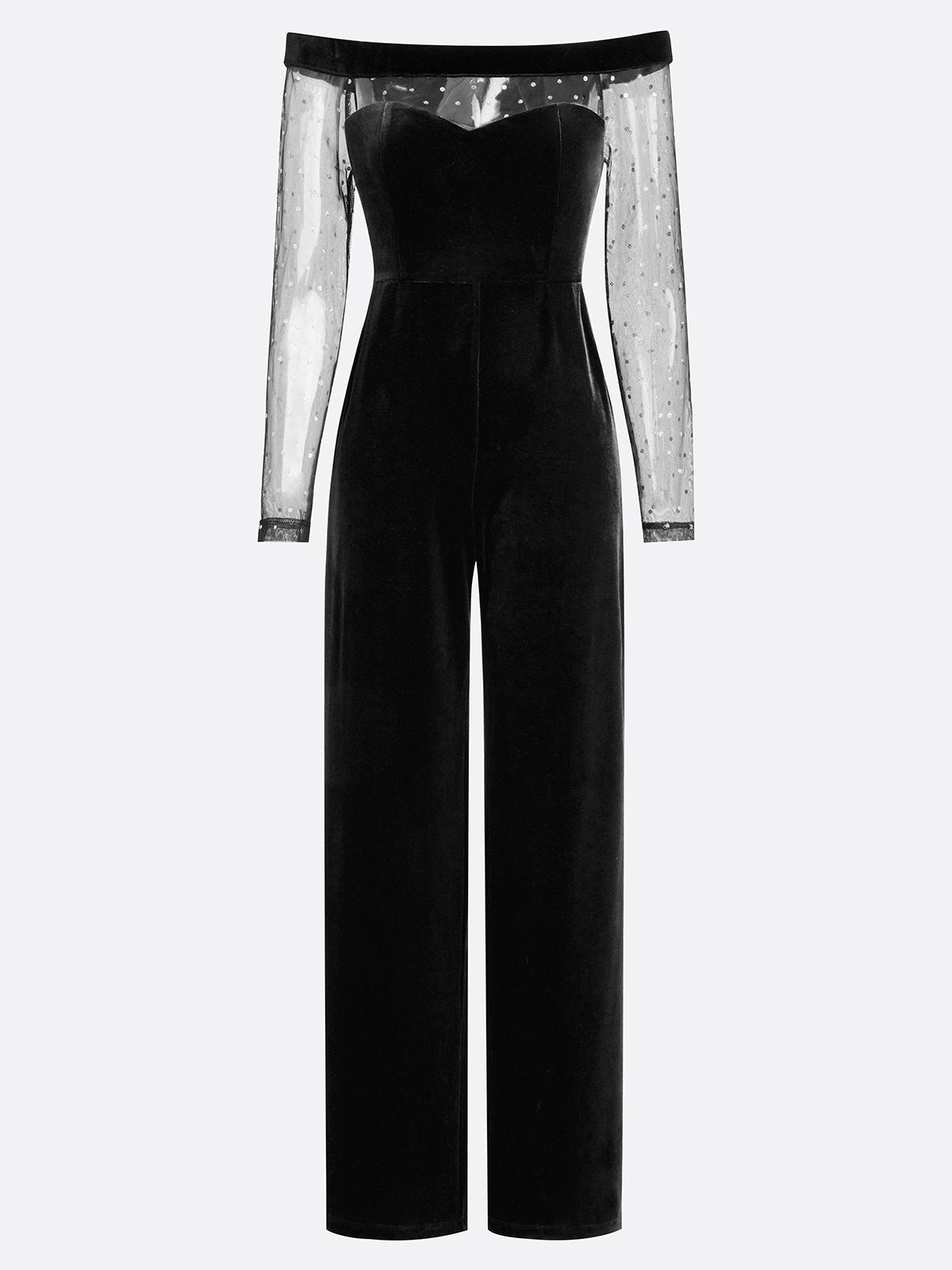 Women Velvet Black Mesh Off The Shoulder Long Sleeve Dressy Jumpsuit With Pockets