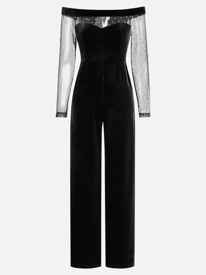 Women Velvet Black Mesh Off The Shoulder Long Sleeve Dressy Jumpsuit With Pockets