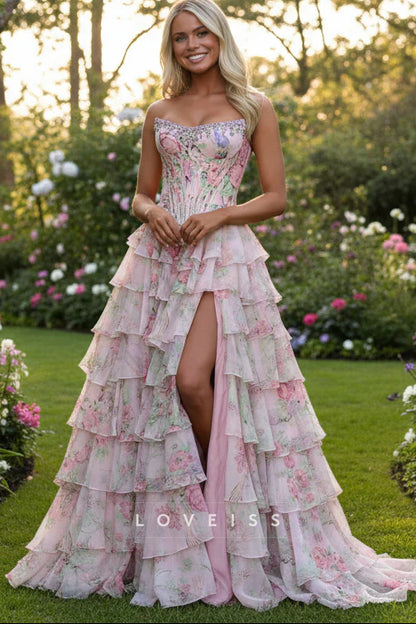 Pink Floral Printed Chiffon Strapless Corset Ruffle Tiered Long Prom Dresses with Beading