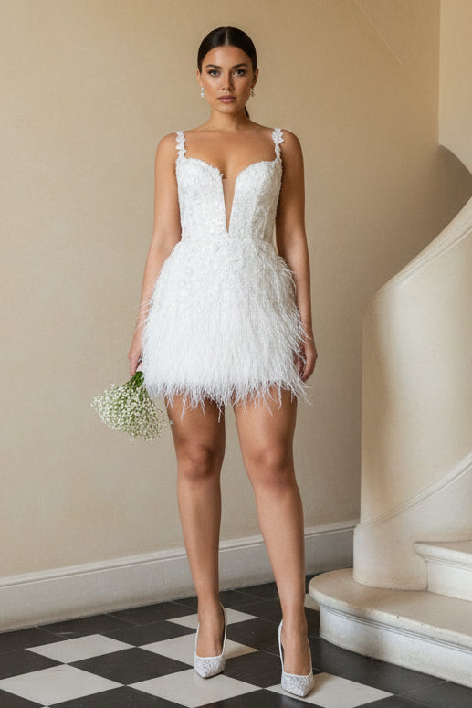 V-Neck Feathered Appliques Short Wedding Dress