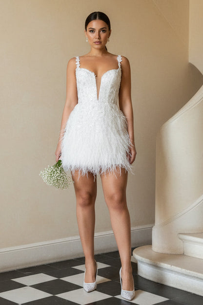 V-Neck Feathered Appliques Short Wedding Dress