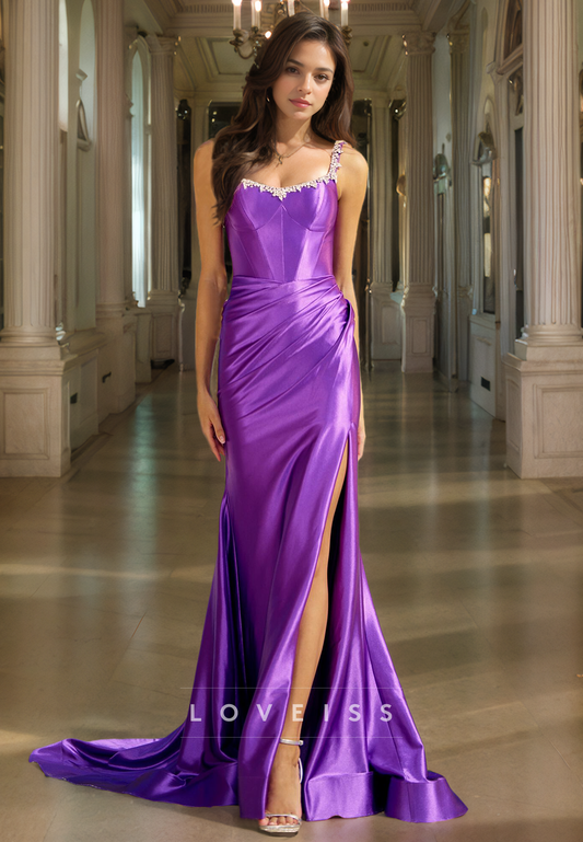 Sweetheart Sleeveless Beaded Ruched Sheath Prom Dress