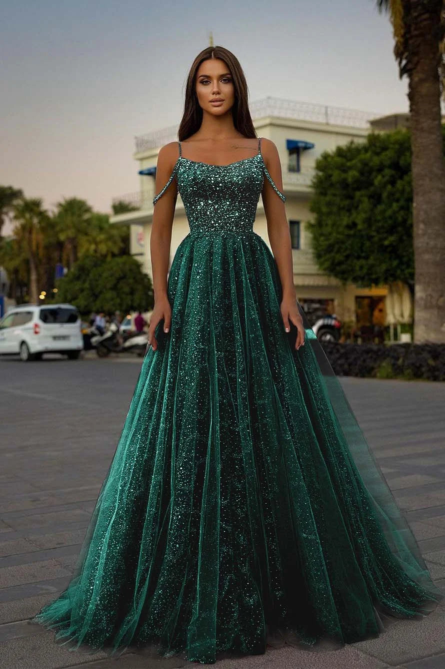 Tulle A-Line Long Spaghetti-Straps Prom Dress With Sequins Beads