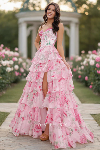 Cute A Line Sweetheart Pink Floral Chiffon Long Prom Dress with Slit