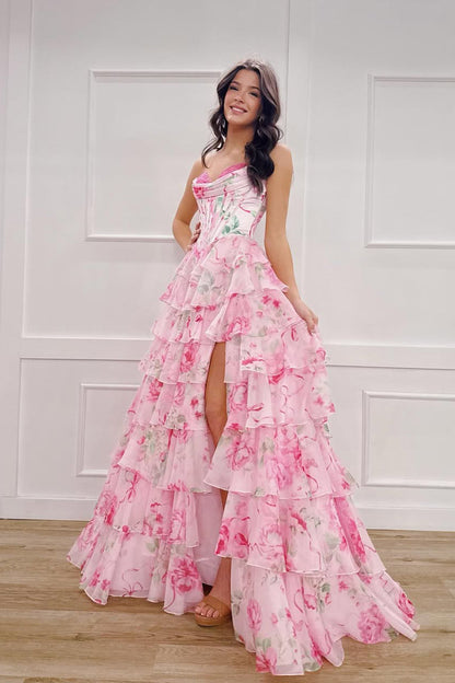 Cute A Line Sweetheart Pink Floral Chiffon Long Prom Dress with Slit