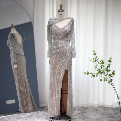 Luxury Beaded Silver Mermaid Evening Dress with Cape