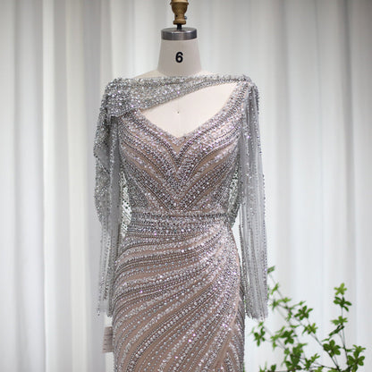 Luxury Beaded Silver Mermaid Evening Dress with Cape