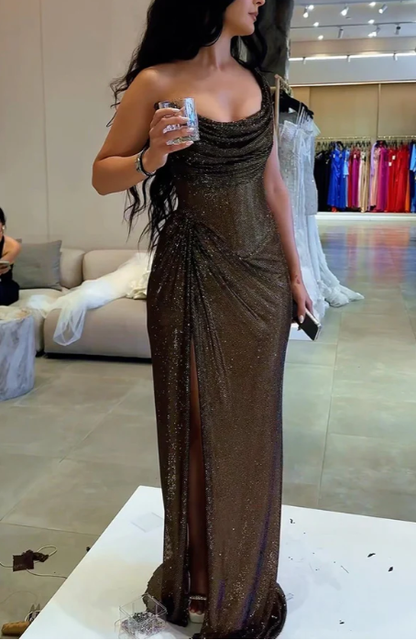 One Shoulder Beaded Embroidery Side Slit Long Prom Dress Evening Dress