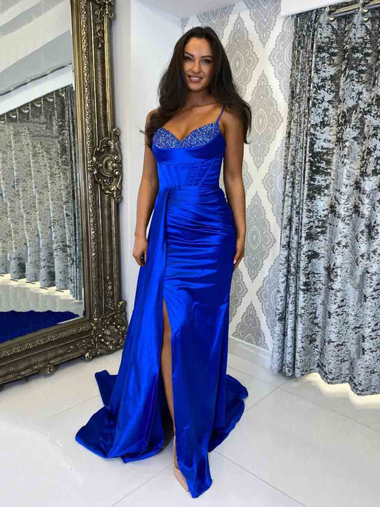 Beading Corset Evening Gown High Slit Sexy Prom Dress