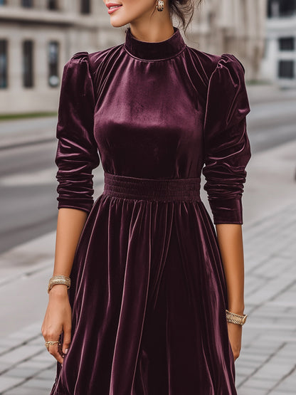 Velvet Pleated Dress With Smocked Waist
