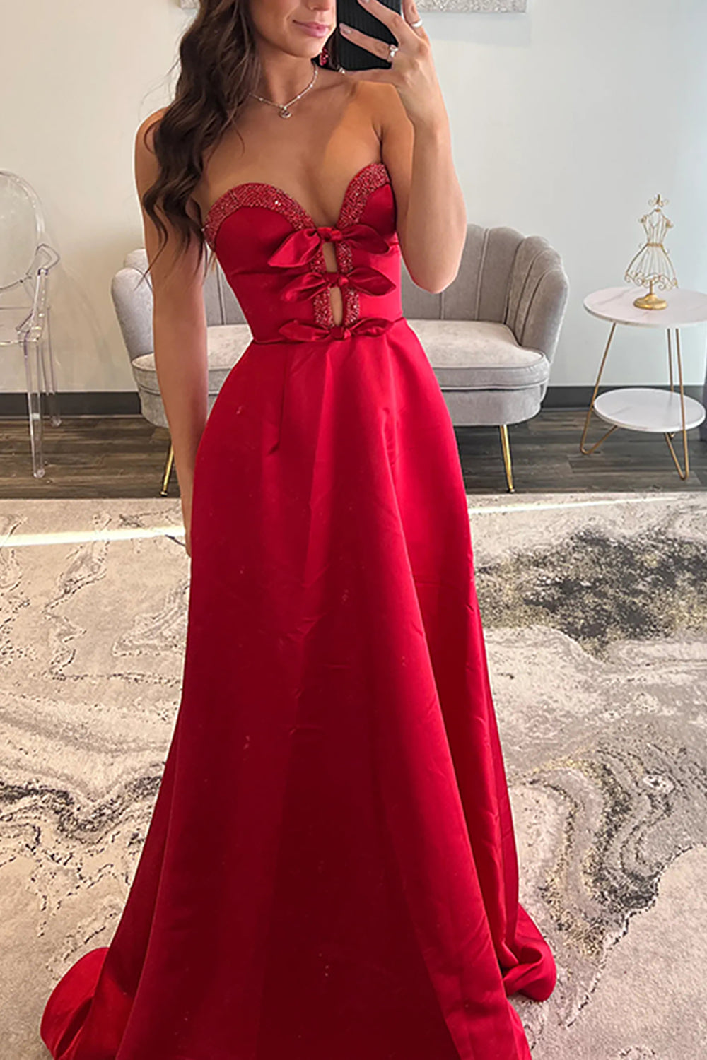 A-Line Sweetheart Keyholes Red Satin Long Prom Dresses with Pockets