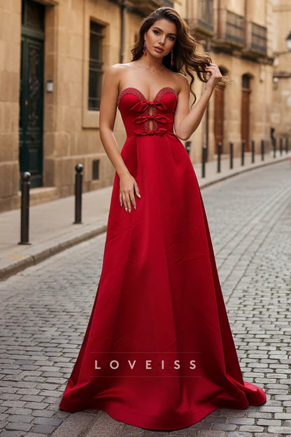 A-Line Sweetheart Keyholes Red Satin Long Prom Dresses with Pockets