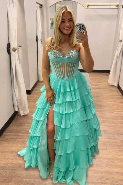 A-Line Sweetheart Mint Ruffle Tiered Chiffon Beads Long Prom Dresses with Slit