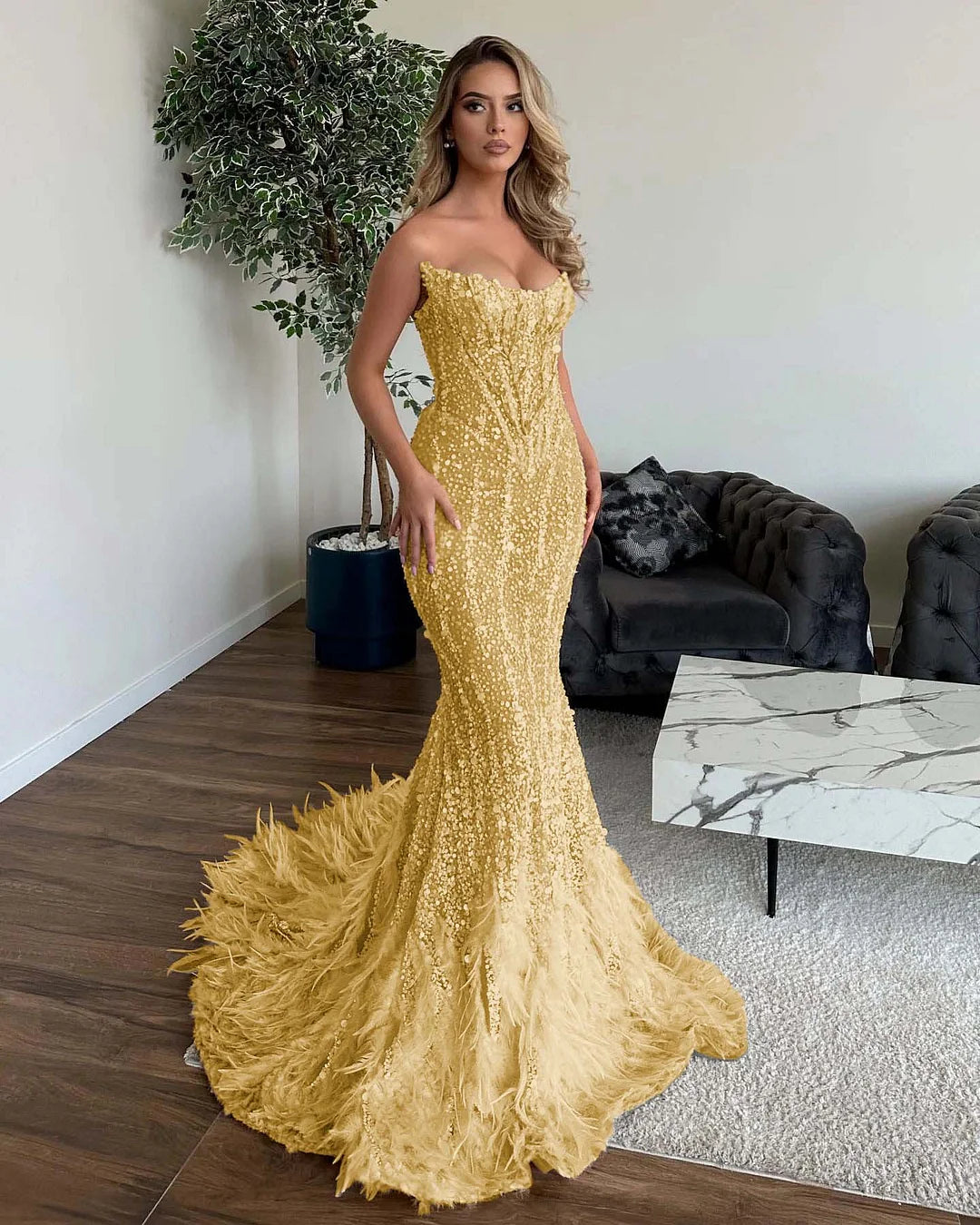 Shining Sequins Mermaid Prom Dress with Feathers