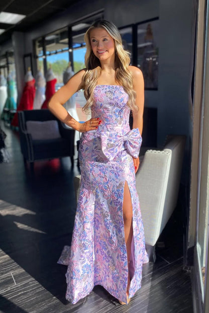 Mermaid Strapless Lavender Jacquard Satin Prom Dress with Slit