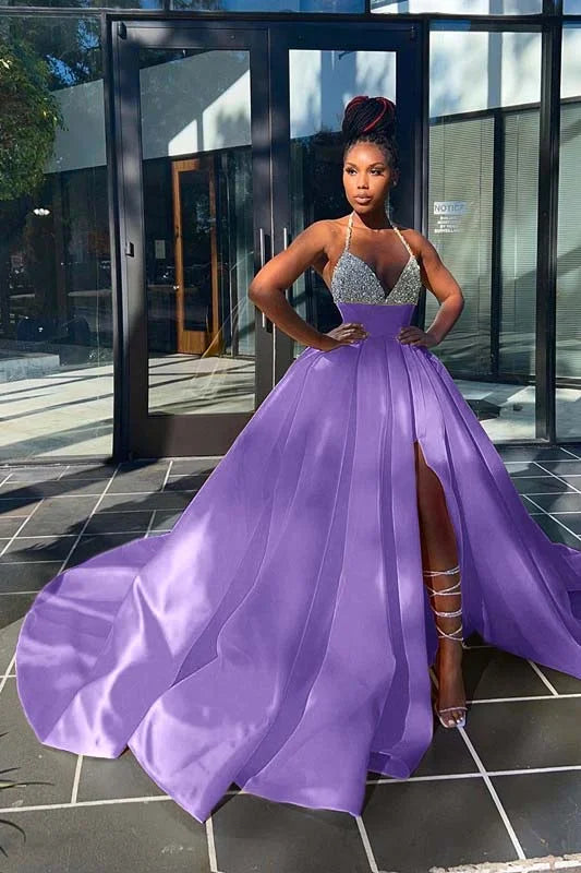 Glamorous Yellow Sequins V-Neck A-Line Prom Dress  Sleeveless With Split