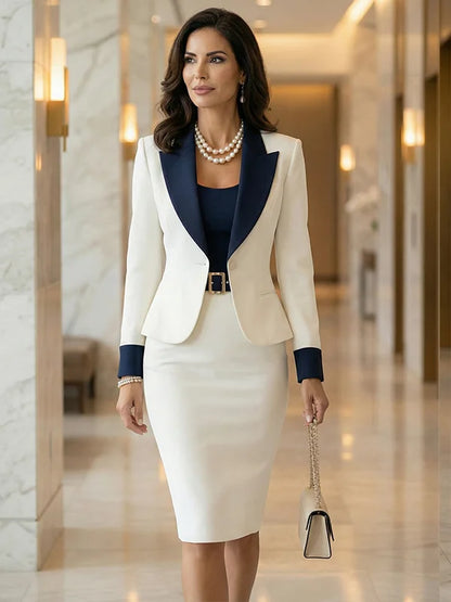 White And Navy Blue Color Blocked Fitted Waist Blazer Skirt 2-Piece Suit