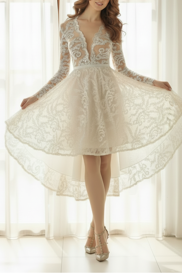 V-Neck Long Sleeves Appliques A-Line Short Wedding Dress
