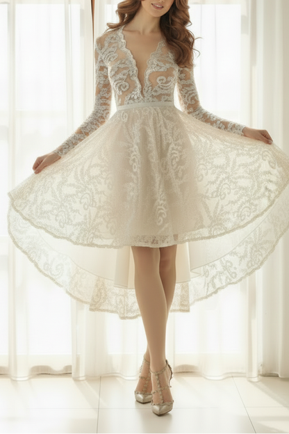 V-Neck Long Sleeves Appliques A-Line Short Wedding Dress