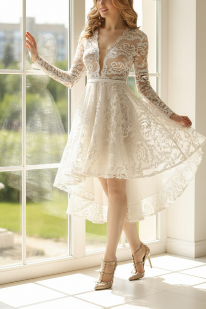 V-Neck Long Sleeves Appliques A-Line Short Wedding Dress