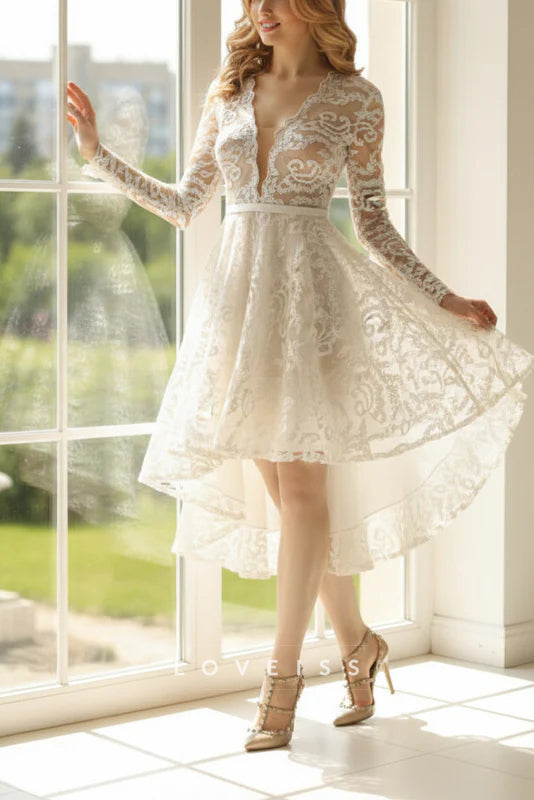 V-Neck Long Sleeves Appliques A-Line Short Wedding Dress