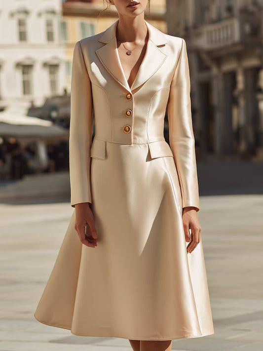 Ivory Tailored Satin Blazer Dress With Gold Button Detail