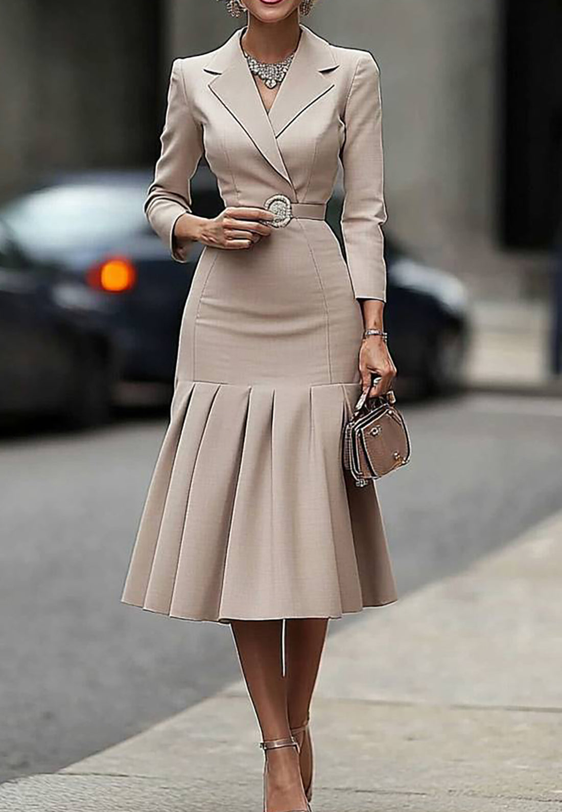 Work Business Blazer Dress Lapel Tie Belt Pleated Dress