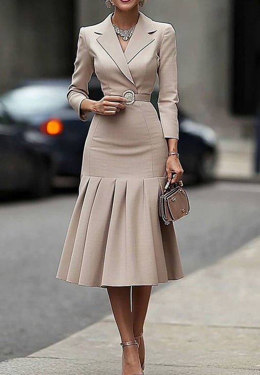 Work Business Blazer Dress Lapel Tie Belt Pleated Dress