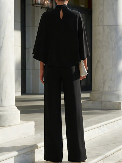 Cape-Sleeve High-Neck Blouse & Slit Wide-Leg Trousers Set