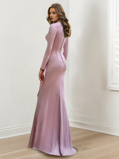 Sheath/Column V-Neck Long Sleeves Floor-Length Mother of the Bride Dresses with Crepe Beading