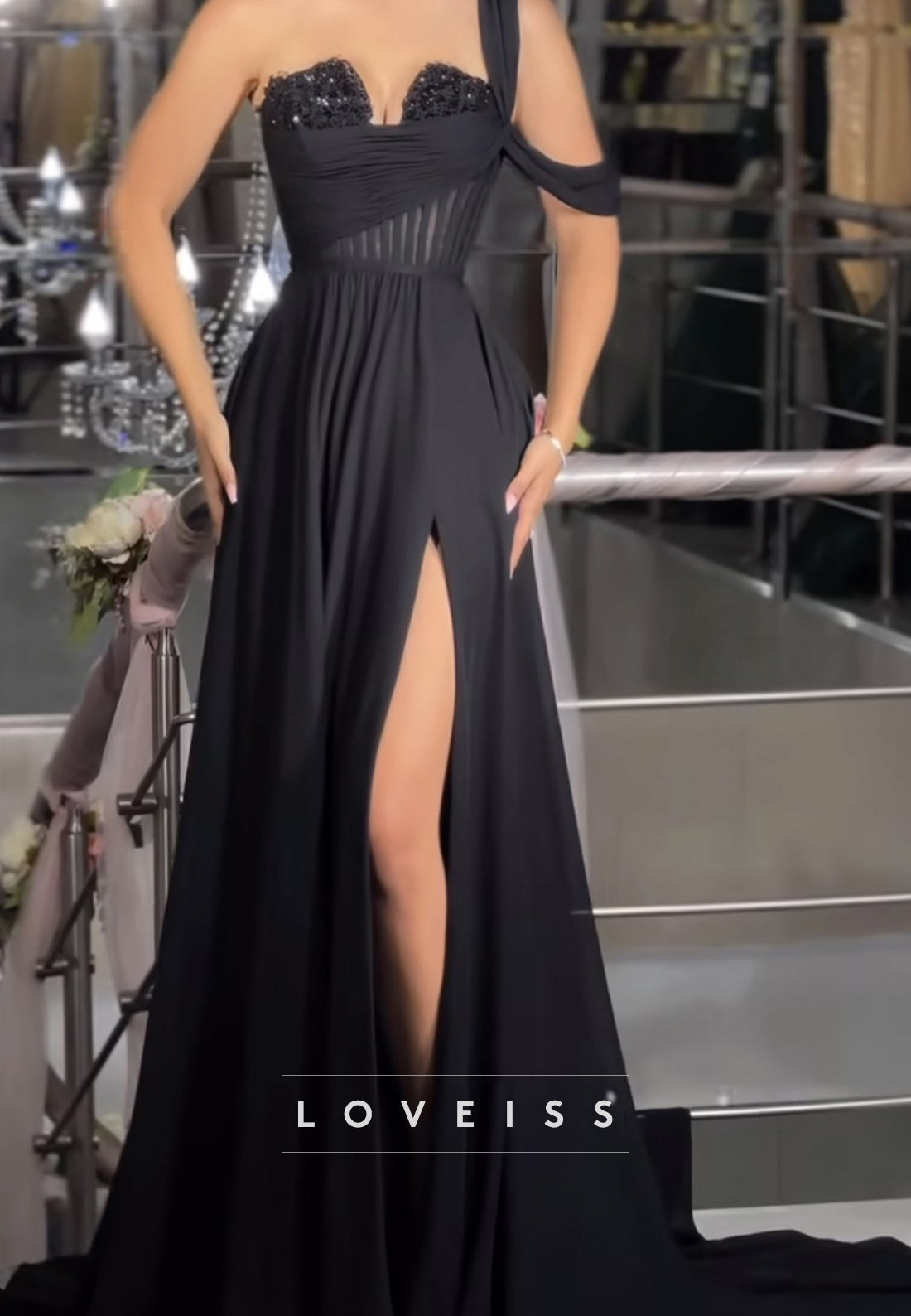 One Shoulder Sleeveless Side Slit Pleated A-Line Prom Dress