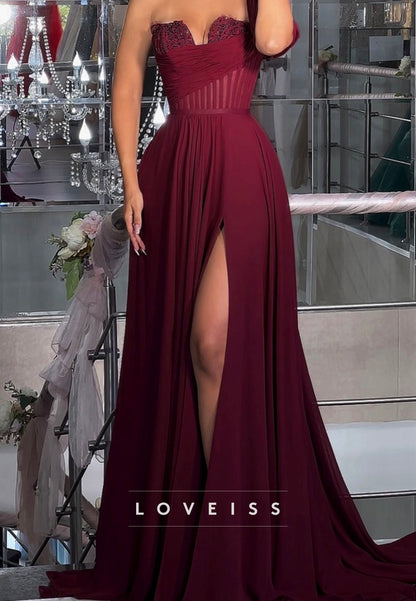 One Shoulder Sleeveless Side Slit Pleated A-Line Prom Dress