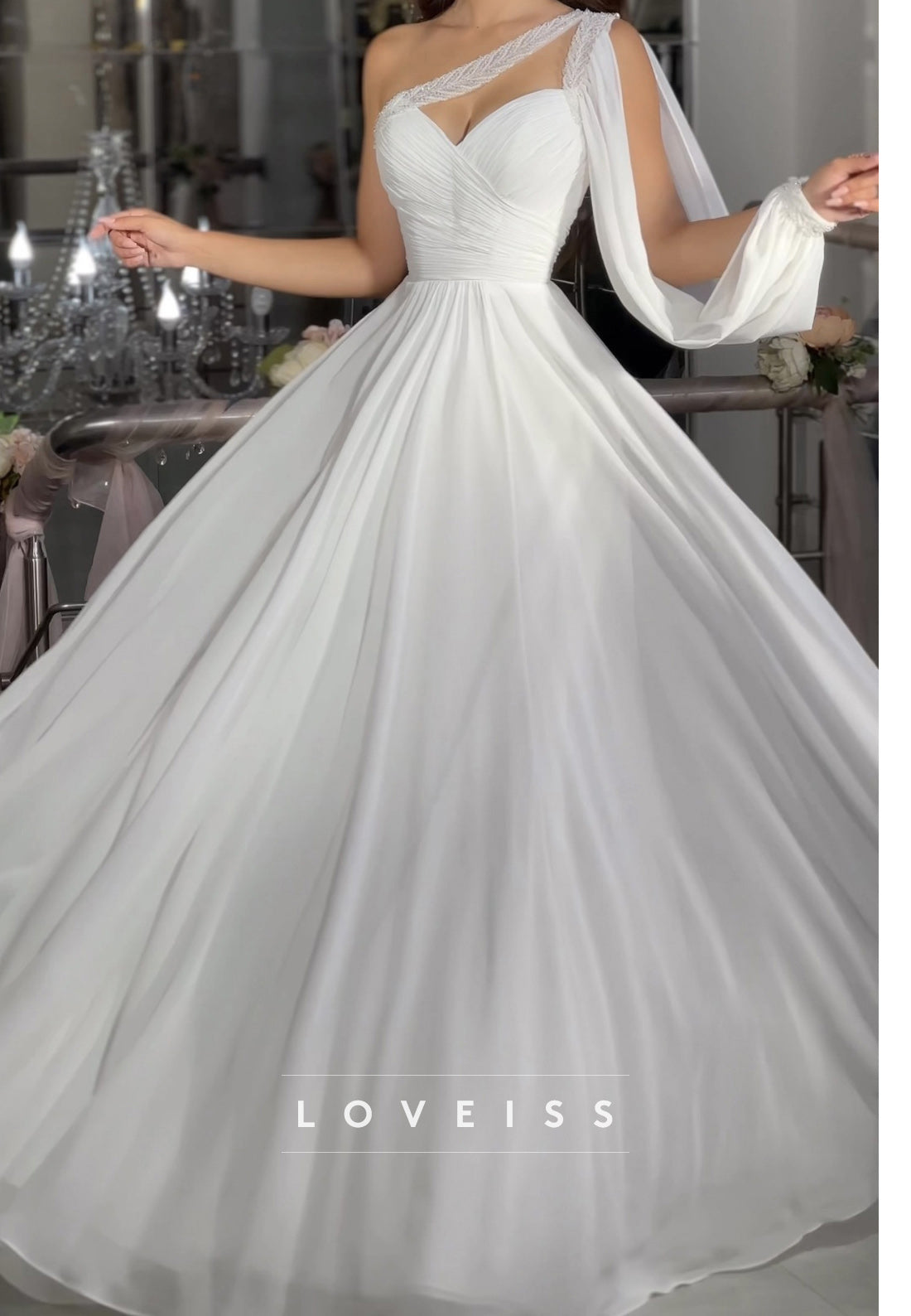 One Shoulder Sleeveless Pleated Beaded A-Line Prom Dress