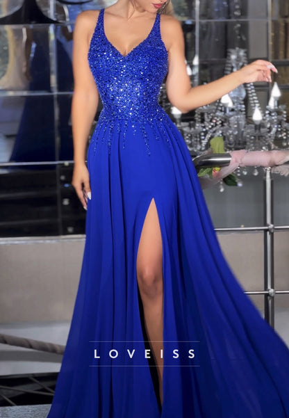 V-Neck Spaghetti Straps Appliques Sequins A-Line Prom Dress
