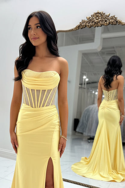Cute Mermaid Strapless Satin Long Prom Dress with Hot Stone