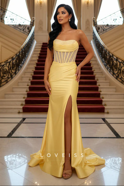 Cute Mermaid Strapless Satin Long Prom Dress with Hot Stone