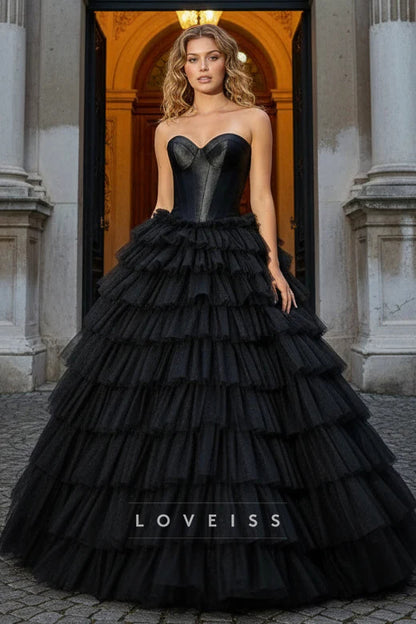 Black Sweetheart Tiered A-Line Long Gown with Ruffles
