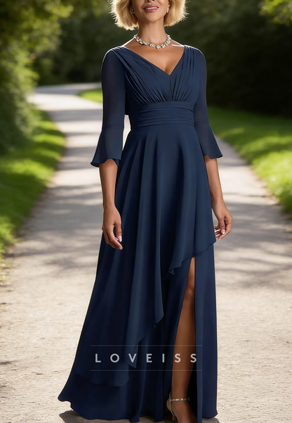 V-Neck Long Sleeves Chiffon A-Line Mother of Bride Dress