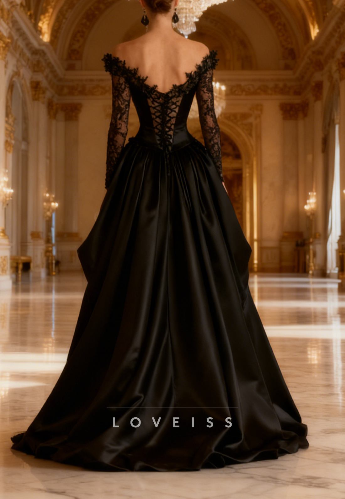 V-Neck Long Sleeves Appliques A-Line Black Evening Dress