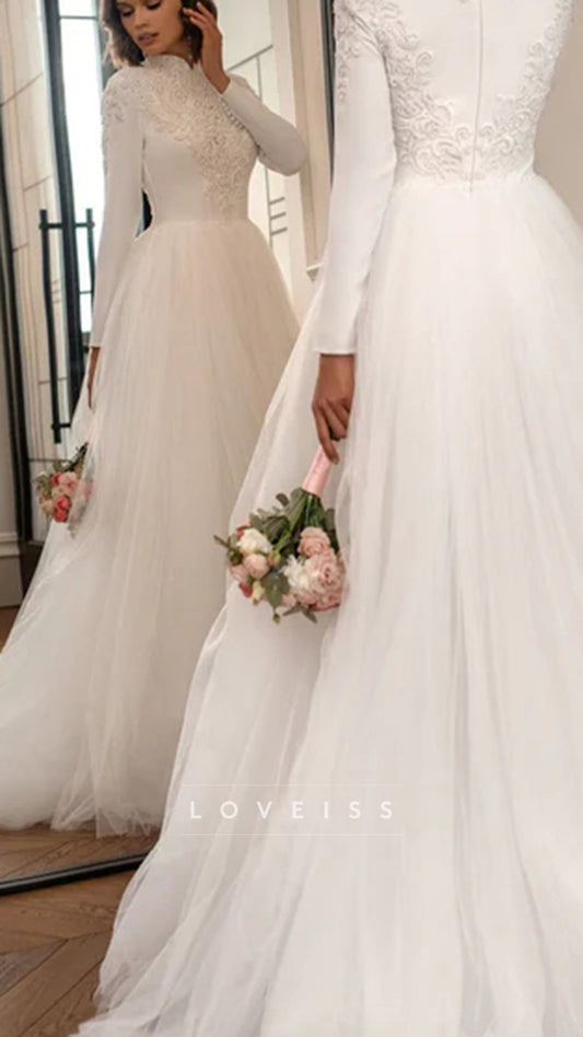 Stand Neck Full Sleeves Embroidery A Line Muslim Wedding Dress Arabic