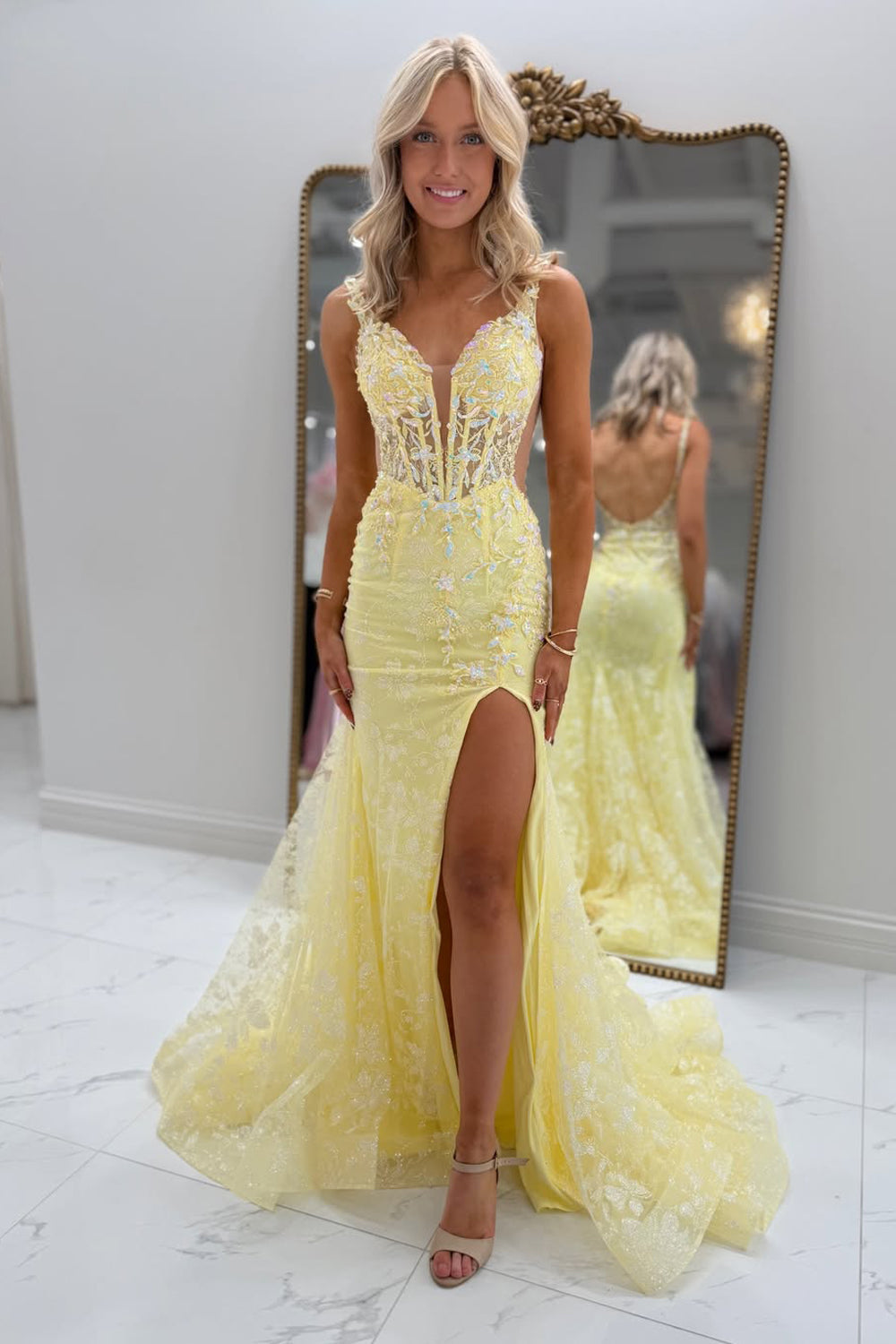 Cute Mermaid V Neck Daffodil Lace Long Prom Dress with Slit