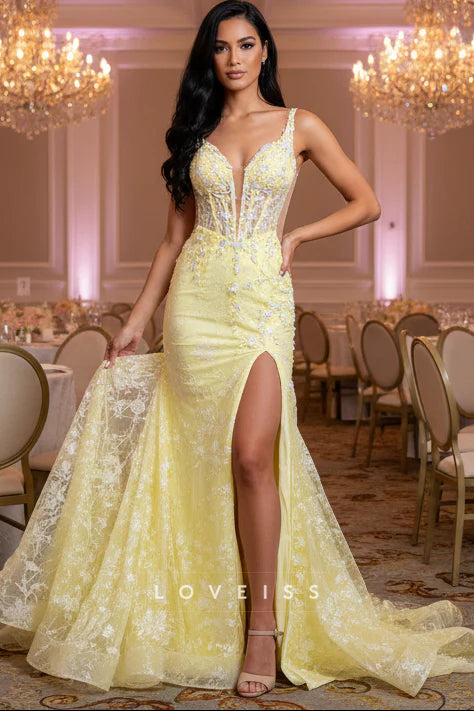 Cute Mermaid V Neck Daffodil Lace Long Prom Dress with Slit