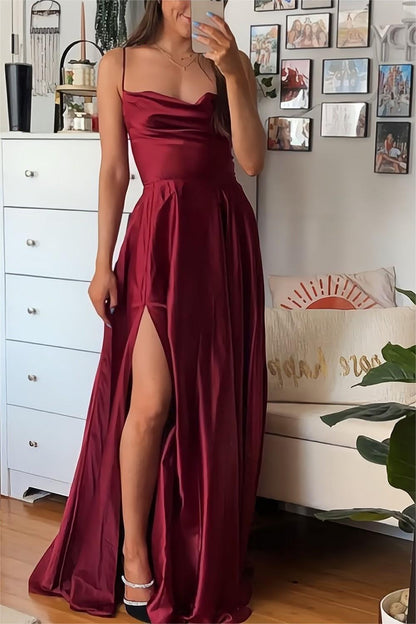 A Line Spaghetti Straps Burgundy Long Prom Dress with Split Front