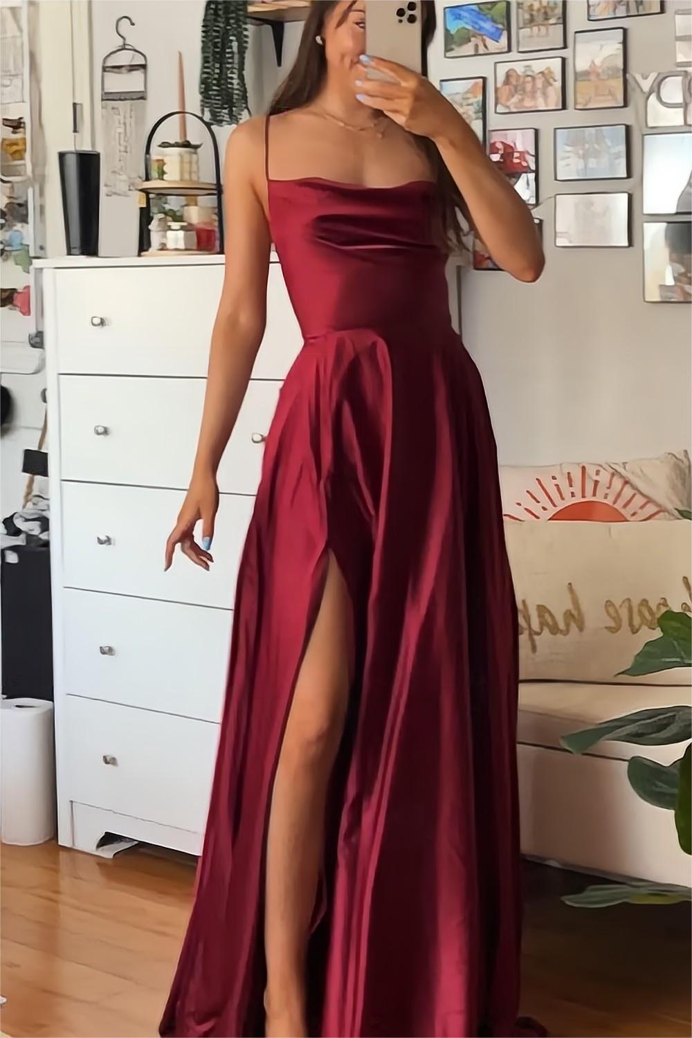 A Line Spaghetti Straps Burgundy Long Prom Dress with Split Front