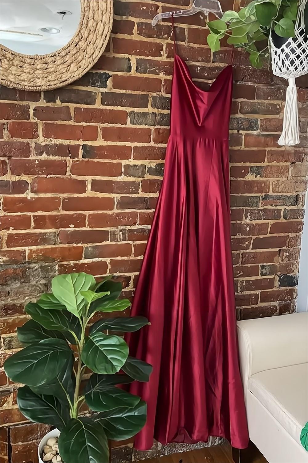 A Line Spaghetti Straps Burgundy Long Prom Dress with Split Front