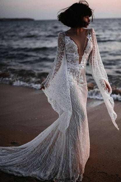 Gorgeous Mermaid Long Sleeve Ivory Lace Wedding Dresses