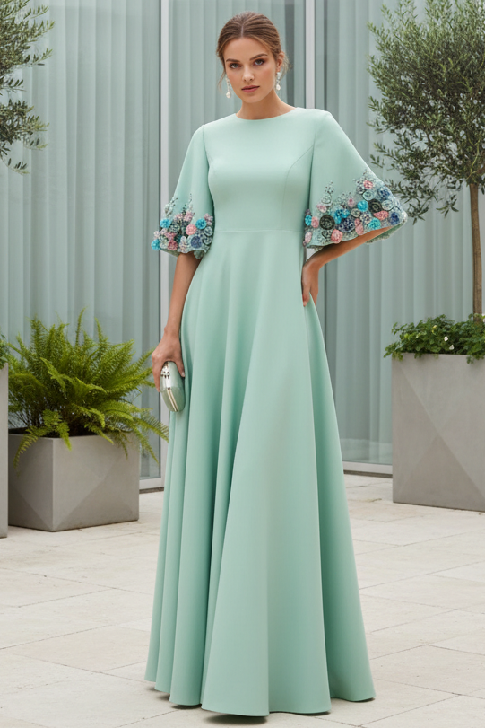 Wedding Guest Dress Crepe 3/4 Sleeve A-line Gown With Flower Trim