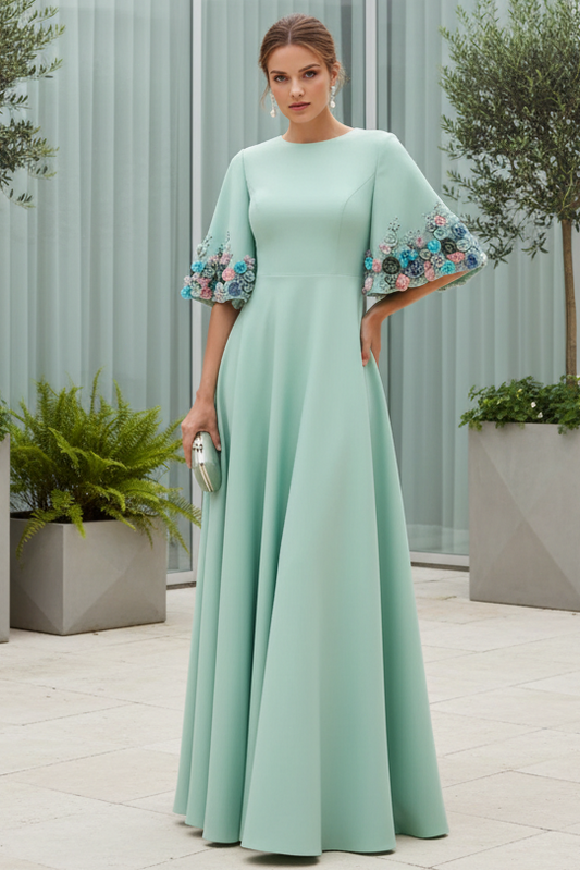 Wedding Guest Dress Crepe 3/4 Sleeve A-line Gown With Flower Trim