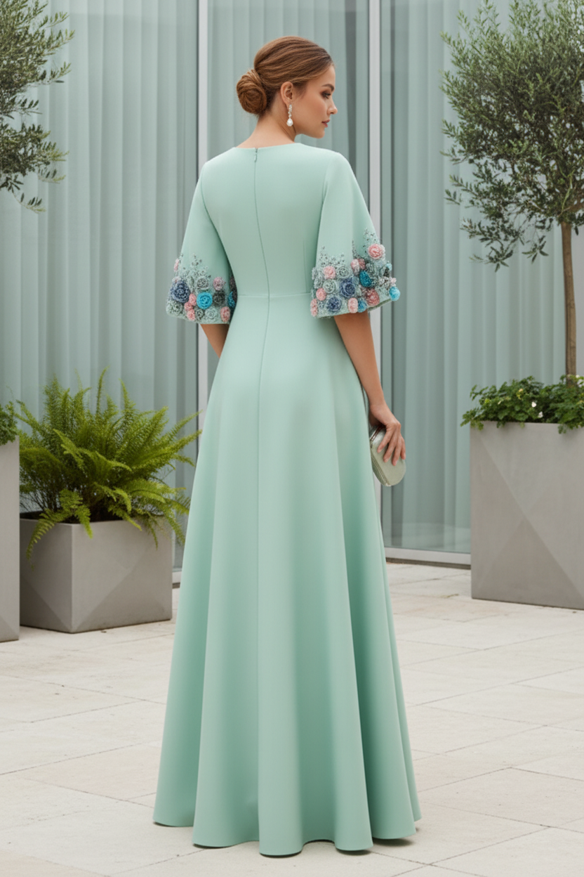 Wedding Guest Dress Crepe 3/4 Sleeve A-line Gown With Flower Trim