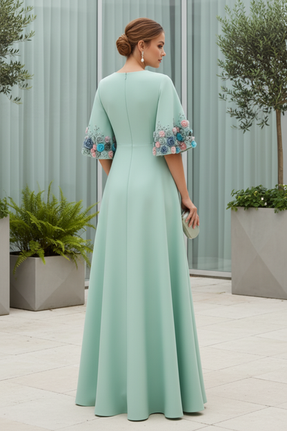 Wedding Guest Dress Crepe 3/4 Sleeve A-line Gown With Flower Trim